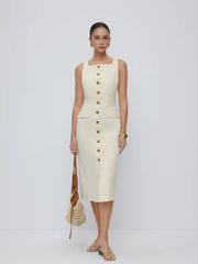 Cotton Square Neck Button Through Tie Back Straight Midi Dress