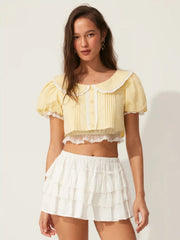 Cotton Peter Pan Collar Puff Sleeve Lace Trim Crop Blouse
