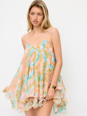 Chiffon Abstract Graphic V-neck Ruffled Tie Back A-line Mini Dress