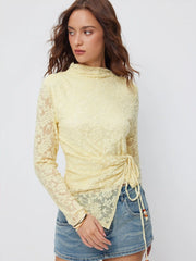 Textured Floral High Neck Long Sleeve Beaded Wrap Tie Side Ruched Top