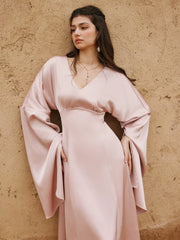Satin V-neck Bell Sleeve Drawstring Flared Maxi Dress