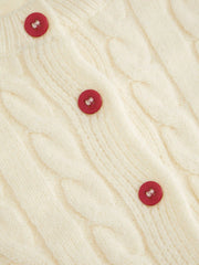 Cable Knit Cherry Embroidery Long Sleeve Ruffle Hem Cardigan
