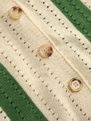 Knit Polo Striped Hollow Out Short Sleeve Top