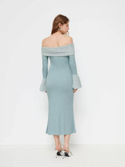 Off-shoulder Bell Sleeve Rhinestone Ruched Maxi Dress