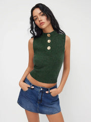 Wool-blend Knit High Neck Metal Button Tank Top