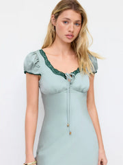 Satin U-neckline Lace Trim Knotted Maxi Dress