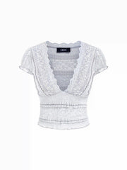 Lace V-neck Floral Puff Short Sleeve Top