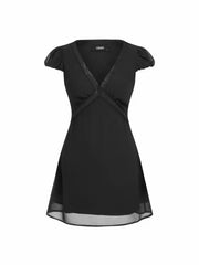 Chiffon V-neck Puff Sleeve Lace Panel A-line Mini Dress