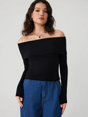 Off-shoulder Solid Long Sleeve Top