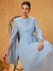 Chiffon Bell Sleeve Pleated Flared Maxi Dress