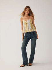 Chiffon V-Neck Abstract Floral Ruffle Crop Cami Top
