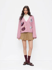 Jacquard Knit V-Neck Snail Bell Sleeve Oversized Cardigan