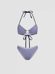 U-neckline Stripe Shell Detail Ruched Bracelet Cheeky Bikini Set