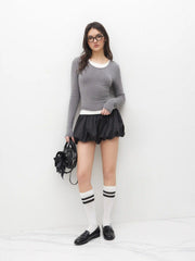 Round Neckline Two Tone Long Sleeve Top
