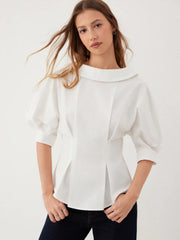Cotton-blend Peter Pan Collar Puff Sleeve Reversible Blouse