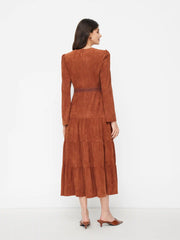 Suede V-neck Lace Trim Ruched Tiered Flare Sleeve Maxi Dress