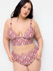 V-neck Geometric Print Bracelet Top & Mid Rise Bottoms Bikini Set Curve & Plus