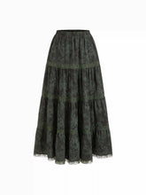 Mid Rise Elastic Waist Floral Lace Trim Tiered Maxi Skirt
