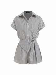 Linen-blend Striped Collar Twist Knot Mid Rise Romper
