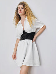 Collar V-neck Two Tone Ruffle Solid Mini Dress