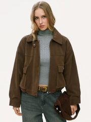Suede Collar Zip Through Drawstring Long Sleeve Jacket