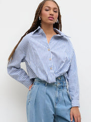Cotton-blend Collar Striped Knotted Roll-up Long Sleeve Shirt