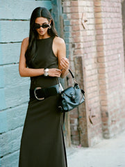 Round Neck Belted A-line Maxi Dress With Belt