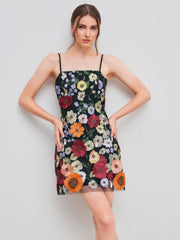 Jacquard Square Neck Colorful Floral Embroidery Mini Dress