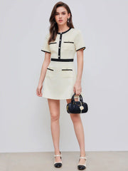Tweed Round Neckline Contrasting Binding Pearl Button Mini Dress
