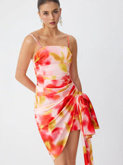 Square Neck Floral with Side Sash Midi Dress