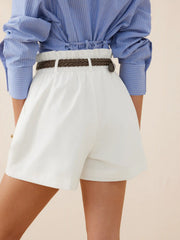 Linen-blend Mid Rise Pleated Shorts With Braided Belt Metal Detail
