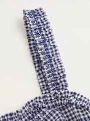 Cotton-blend Gingham Square Neck Ruched Lace Trim Flared Maxi Dress
