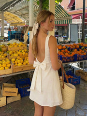 Linen-blend Boat Neck Solid Knotted Backless Mini Dress