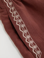 Linen-blend Mid Rise Elastic Waist Aztec Embroidery Drawstring Shorts