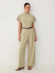 Stand Collar Ruched Short Sleeve Straight Leg Jumpsuit With