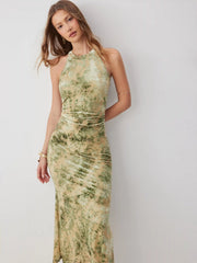 Velvet Halter Neckline Floral Ruched Maxi Dress