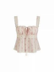 Cotton Floral Stripe Square Neck Lace Trim Ruched Tie Front Tank Blouse