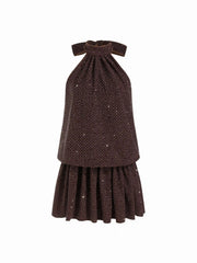 Rhinestone Halter Neck Ruffle Hem Bowknot Mini Dress
