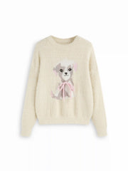 Knit Dog Graphic Round Neckline Bowknot Oversized Top