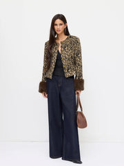 Wool-look Leopard Long Sleeve Faux Fur Trim Metal Button Jacket
