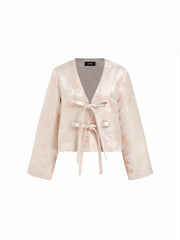 Jacquard Floral V-neck Bowknot Tie Oversized Puffer