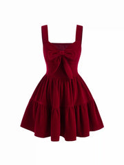 Velvet Sweetheart Neck Bowknot Tiered Ruffle Hem Mini Dress