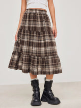 Woven High Rise Check Ruffle Tiered Maxi Skirt