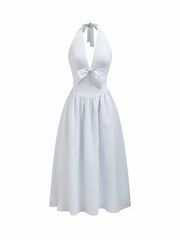 Cotton-blend Striped Halter Neck Bowknot A-line Maxi Dress