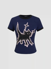 Cat Graphic Round Neckline Short Sleeve Tee