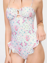 Floral Geometric Sweetheart Ruched Ruffle Hem Cut Out One Piece Swimsuit