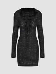 Knit Solid Collar Knotted Hollow Out Mini Dress