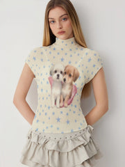 Waffle Textured Star & Puppy Print Short Sleeve Tee