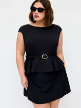 Boat Neck Belted Ruffle Hem Metal Detail Peplum Crop Top Curve & Plus