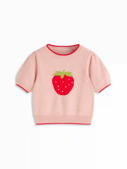 Knit Strawberry Graphic Contrasting Binding Top